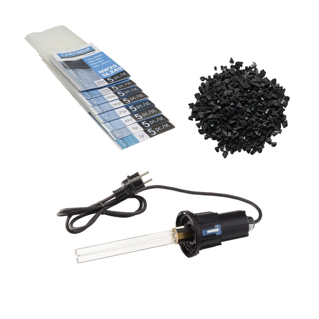 Förbrukningsmaterial till Centripur vattenfilter trio nw25, filterdukar, aktivt kol och uv-lampa