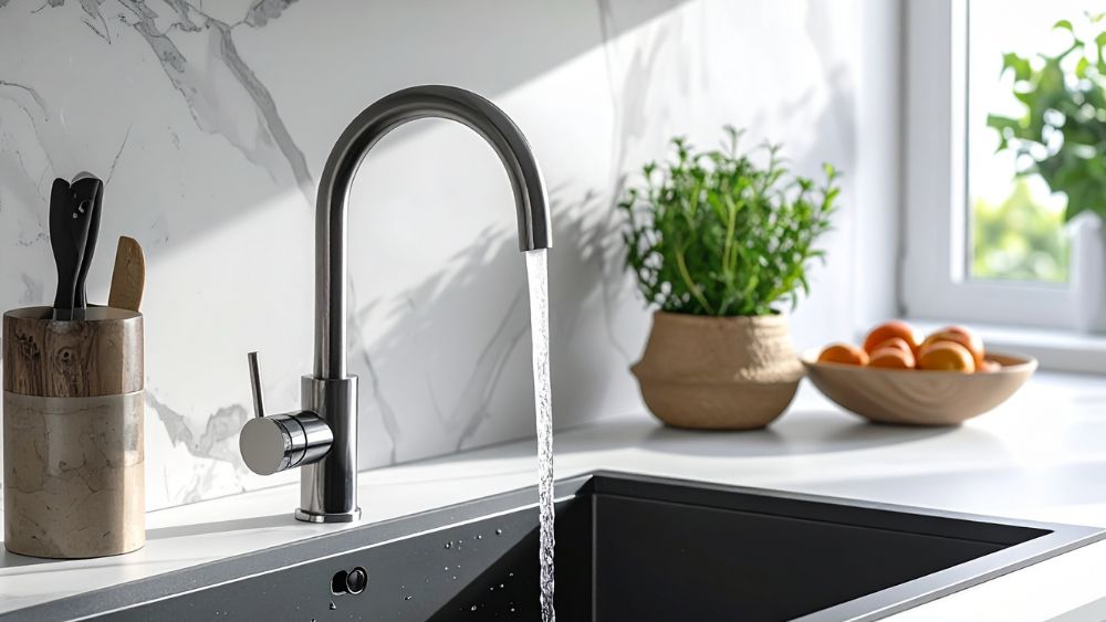 vatten rinner från kran i kök