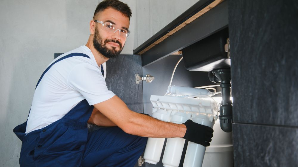 Man som installerar omvänd osmos
