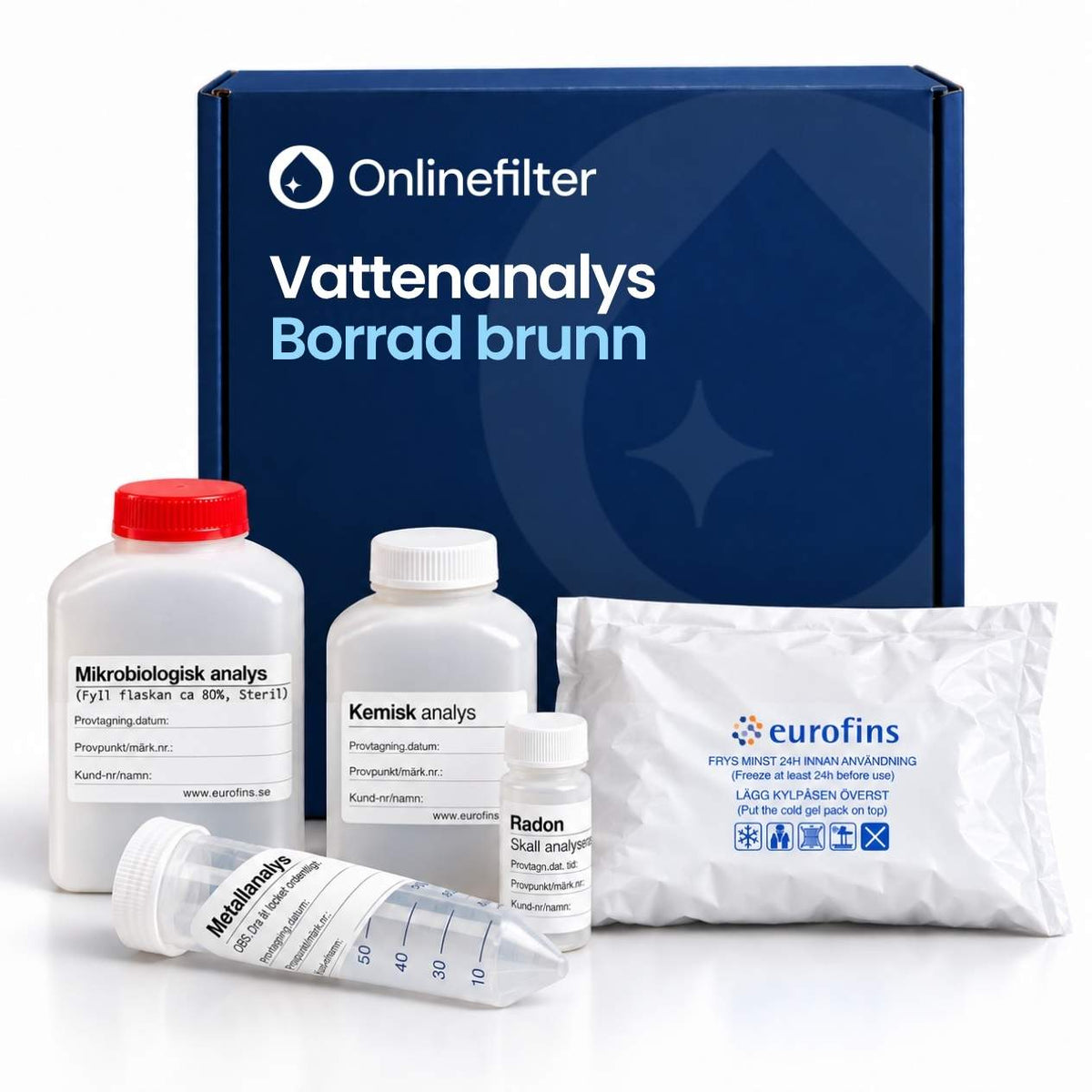 vattenprover för borrad brunn, fyra provtagningsflaskor och kylpåse