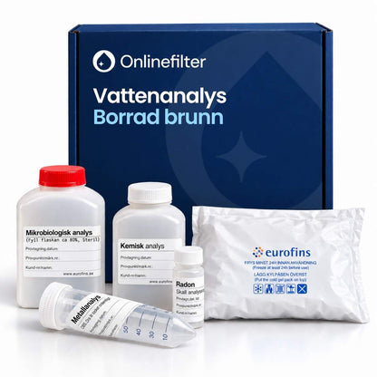 vattenprover för borrad brunn, fyra provtagningsflaskor och kylpåse
