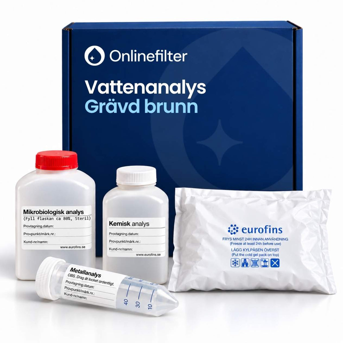 vattenprov grävd brunn paket, en låda, tre provflaskor och en kylpåse