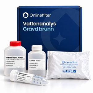 vattenprov grävd brunn paket, en låda, tre provflaskor och en kylpåse