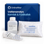 blå låda med en kemisk analys flaska 100 ml och ett kärl för metaller på 50 ml, samt en fryspåse. vattenprov för kemisk och fysikalisk analys