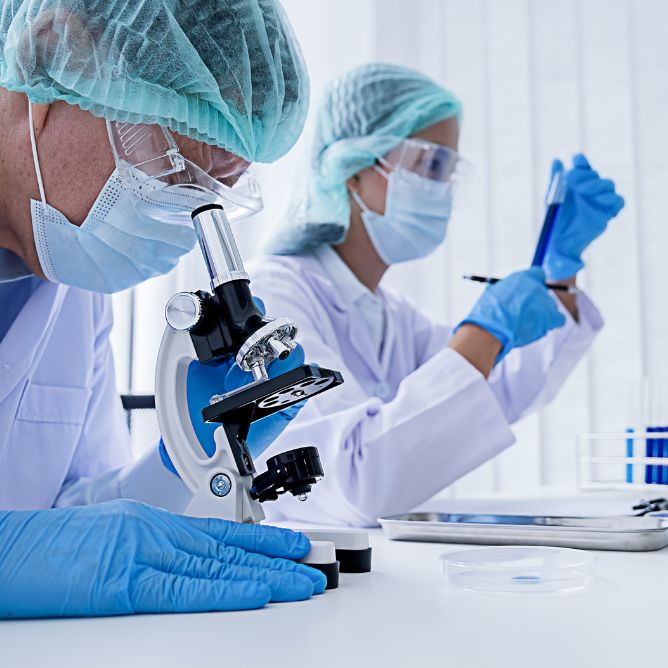 pfas vattenanalys, forskare kollar in i mikroskop på ett labratorium