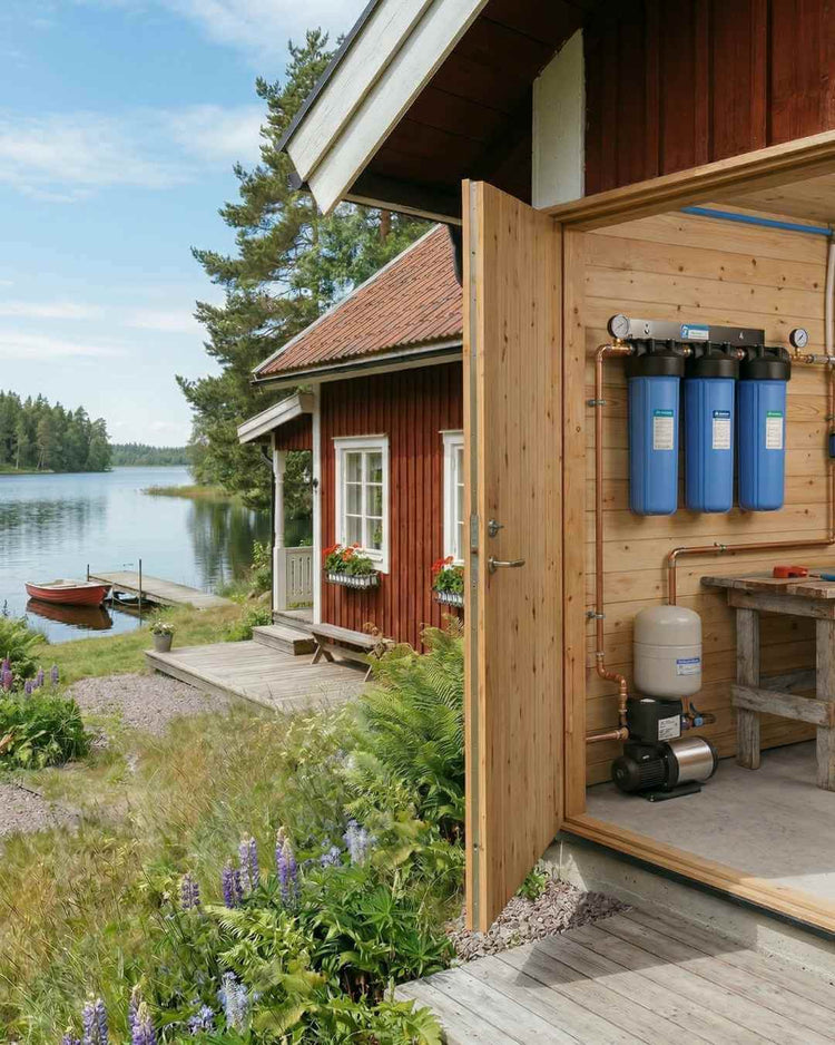 vattenfilter hänger i ett pumphus vid en sommarstuga precis vid sjövattnet, en brygga och en båd och grön växtlighet