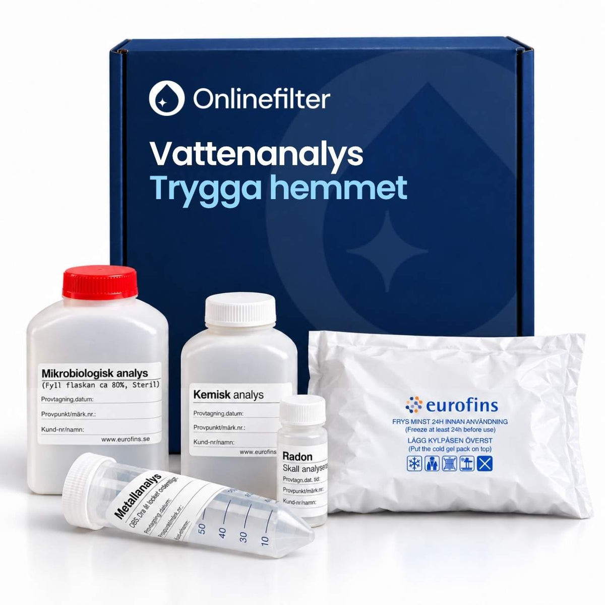 vattenprov trygga hemmet, flaska för mikrobiologisk, kemisk, metaller och radon samt kylpåse