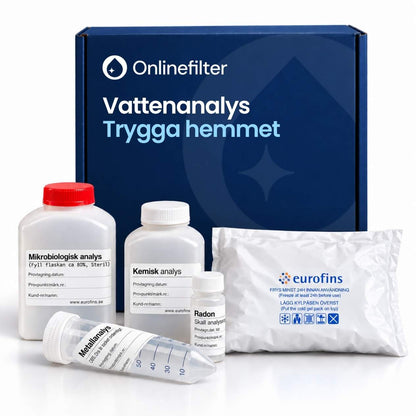 vattenprov trygga hemmet, flaska för mikrobiologisk, kemisk, metaller och radon samt kylpåse