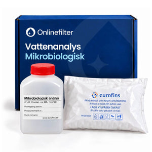 mikrobiologisk provtagningskärl 100 ml och en fryspåse och en blå låda, för provtagning av mikrobiologiska parametrar