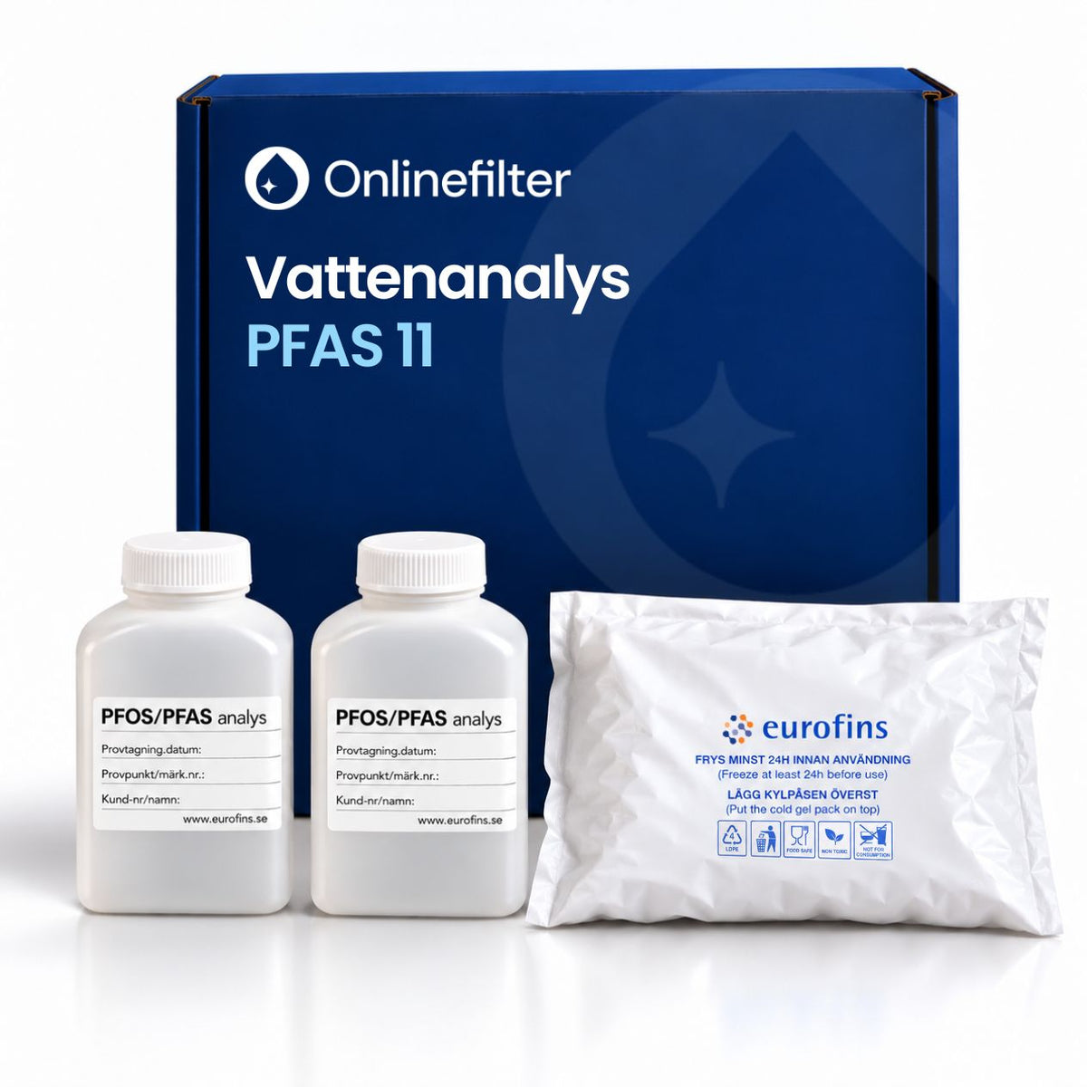 provtagningsmaterial för vattenprov pfas 11, en blå låda med 2 100 ml flaskor och en kylpåse